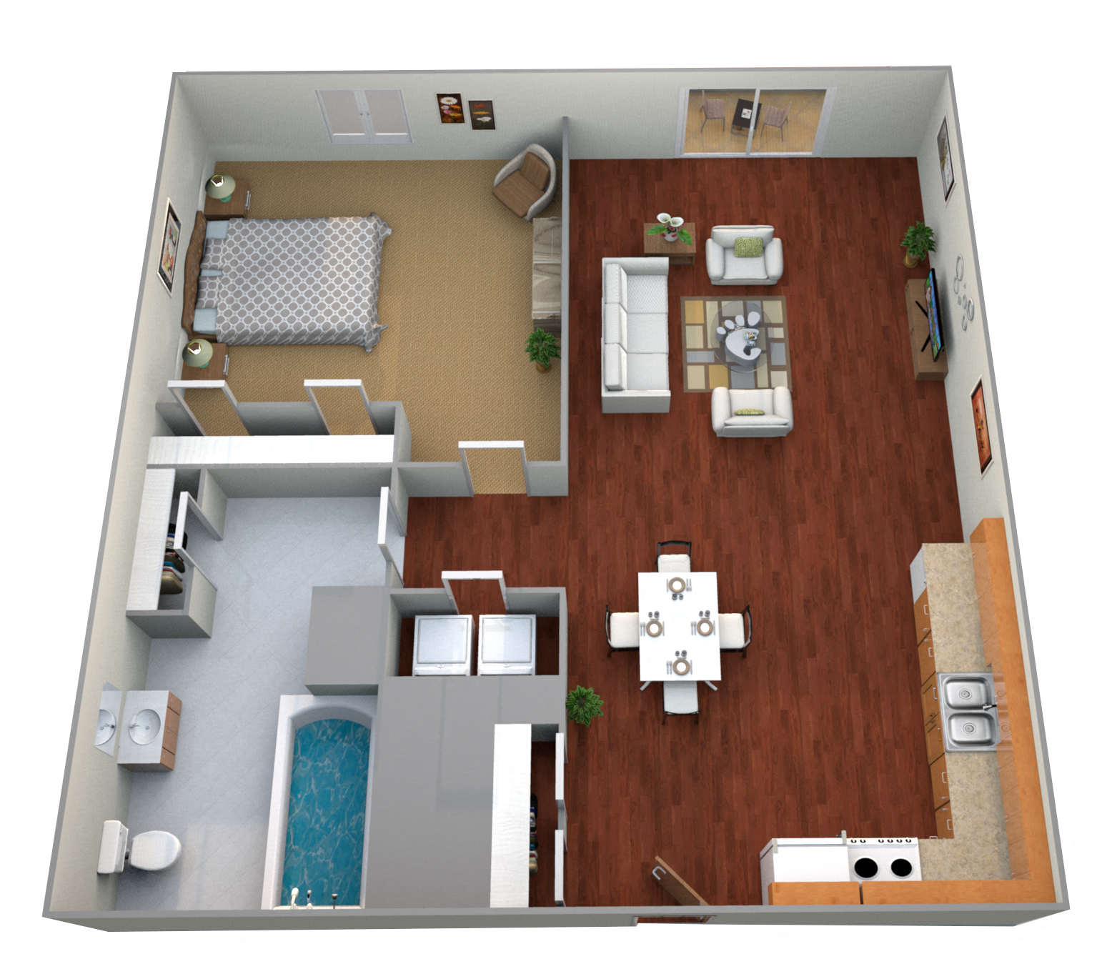 Floor plan for 1 bed, 1 bath, 624 sqft